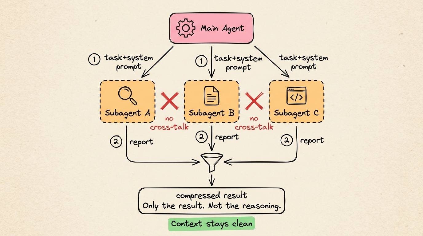 Sub-Agent 工作流程：父 Agent 派发任务，子 Agent 并行执行并压缩结果返回